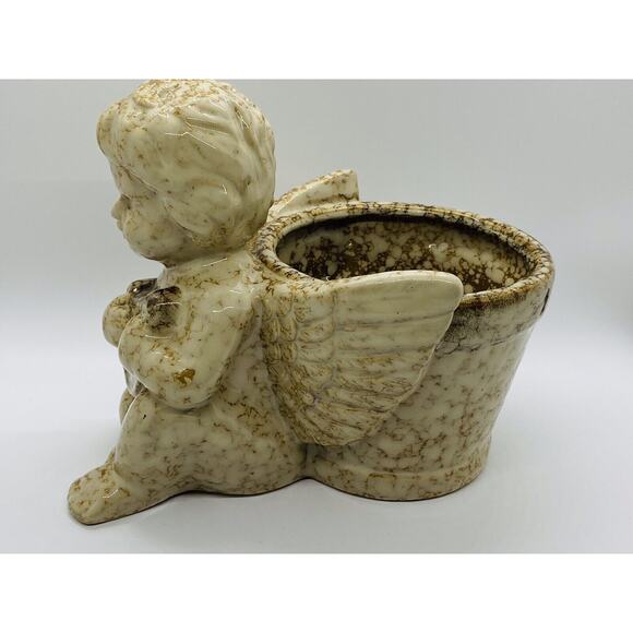 Dimpled Stone Angel Planter With Harp And Wings Extended Around Flower Pot - Picture 1 of 11